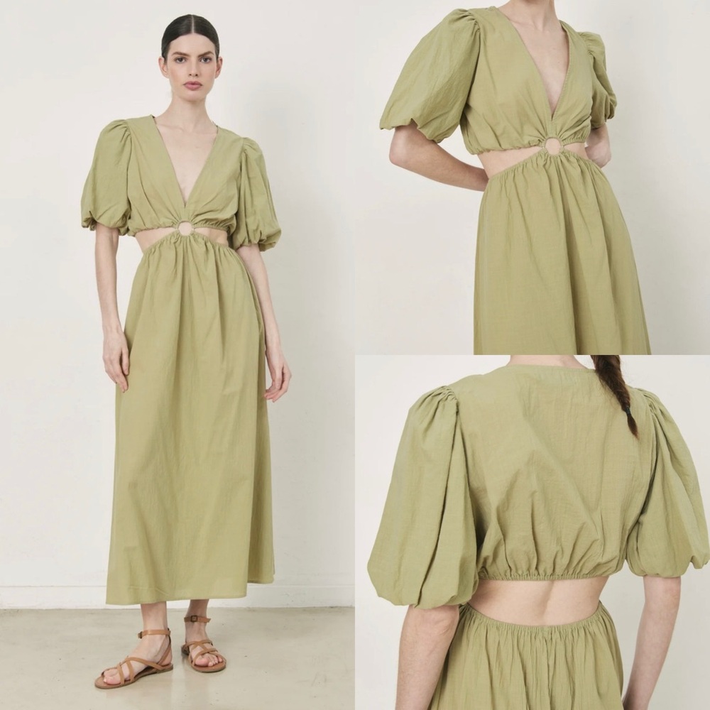 Deluc Pissarro Olive Cutout Puff Sleeve Cotton Maxi Dress S